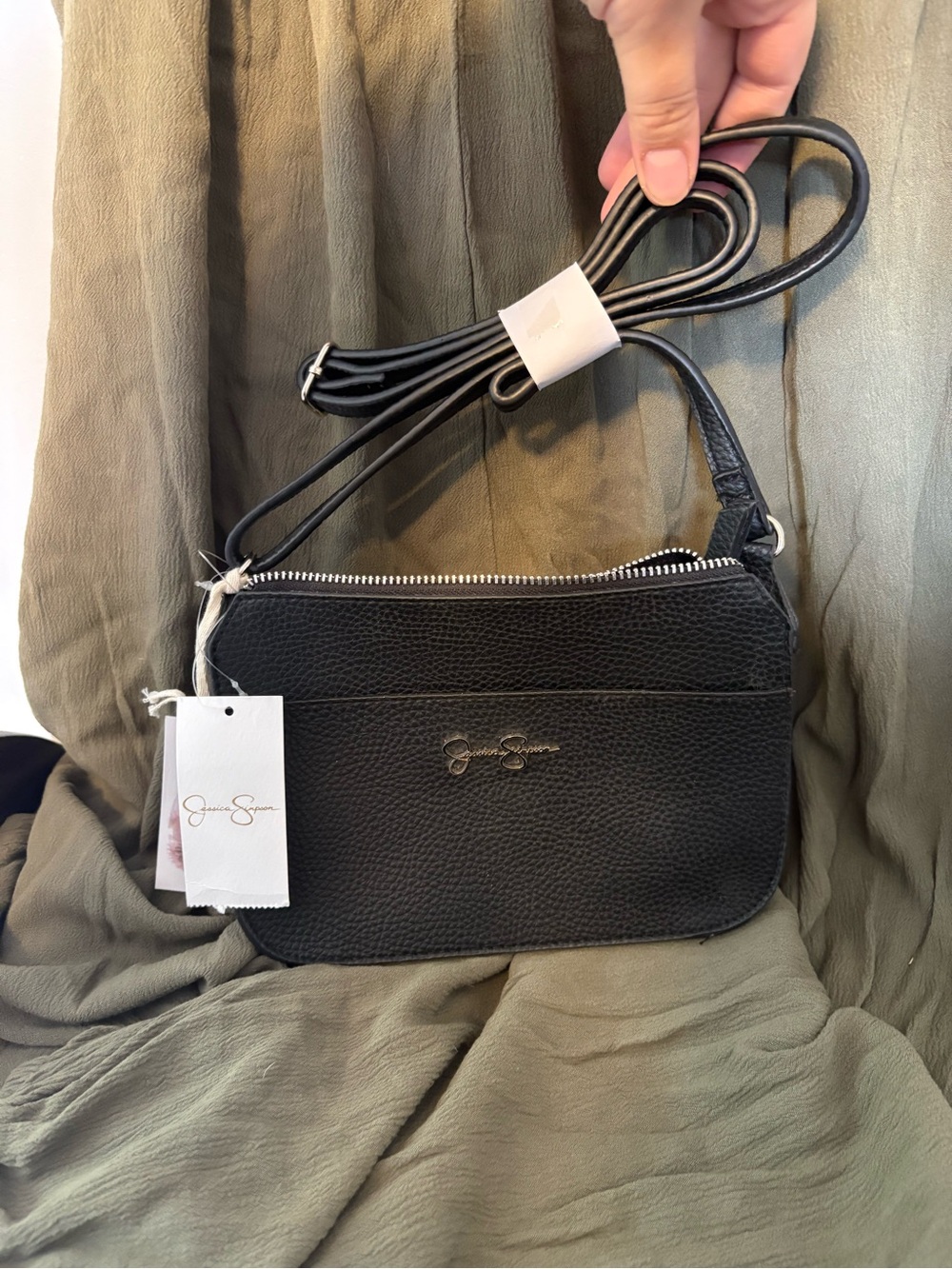 Jessica Simpson Black Pebbled Leather Crossbody with Logo Detail